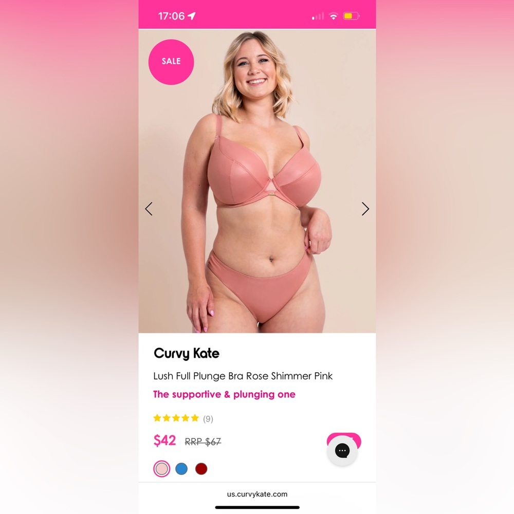 NWT Curvy Kate Lush Full Plunge Bra Shimmer Pink 36HH / 36L